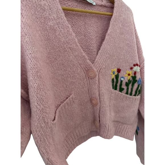 Zara Embroidered Jacquard Knit Oversized Sweater Cardigan Pink‎ Size Small - Picture 7 of 10